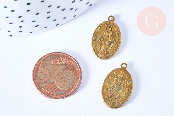EP-Pendentif médaille ovale Vierge Marie laiton brut 3 anneaux, pendentif religion notre dame madonne, les 2 -G6559
