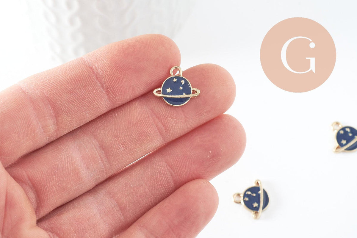 EP-Pendentif médaille rond planète étoiles émail bleu zamac doré 13mm, x1 (G5919)