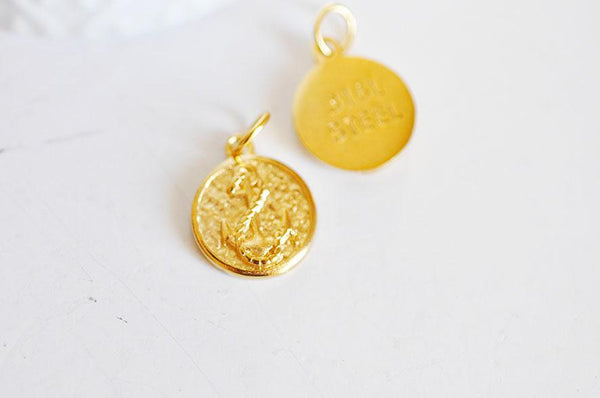 EP-Pendentif médaille ronde ancre acier doré, pendentif doré,sans nickel,laiton doré, création bijoux,médaille or,2.2cm-G1900