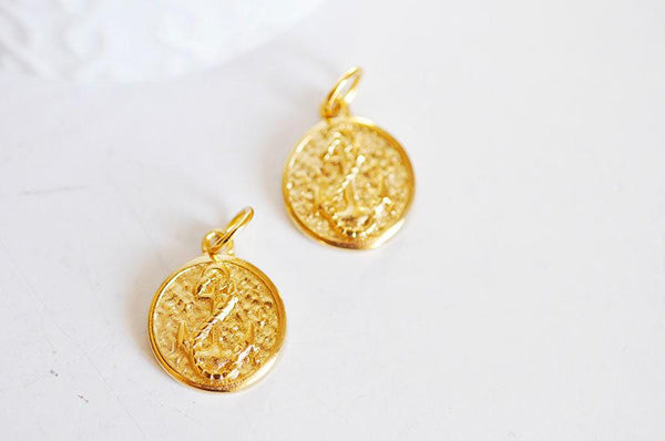 EP-Pendentif médaille ronde ancre acier doré, pendentif doré,sans nickel,laiton doré, création bijoux,médaille or,2.2cm-G1900