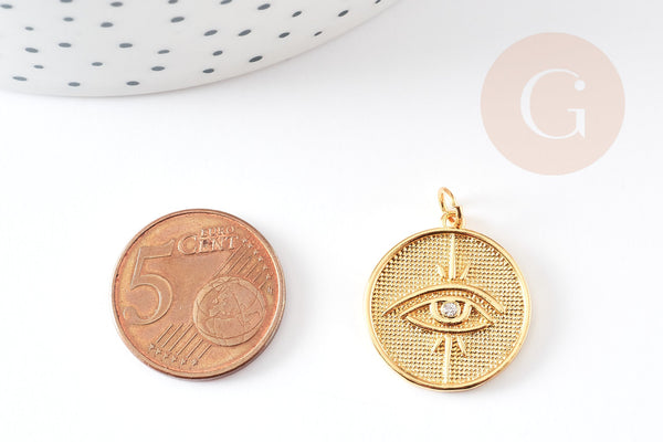 EP-Pendentif médaille ronde oeil laiton doré 18K texturé 22mm, x1 G4853
