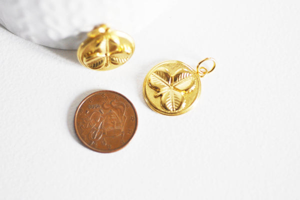 EP-Pendentif médaille ronde trèfle acier inoxydable 304 doré 23mm, x1 -G0815