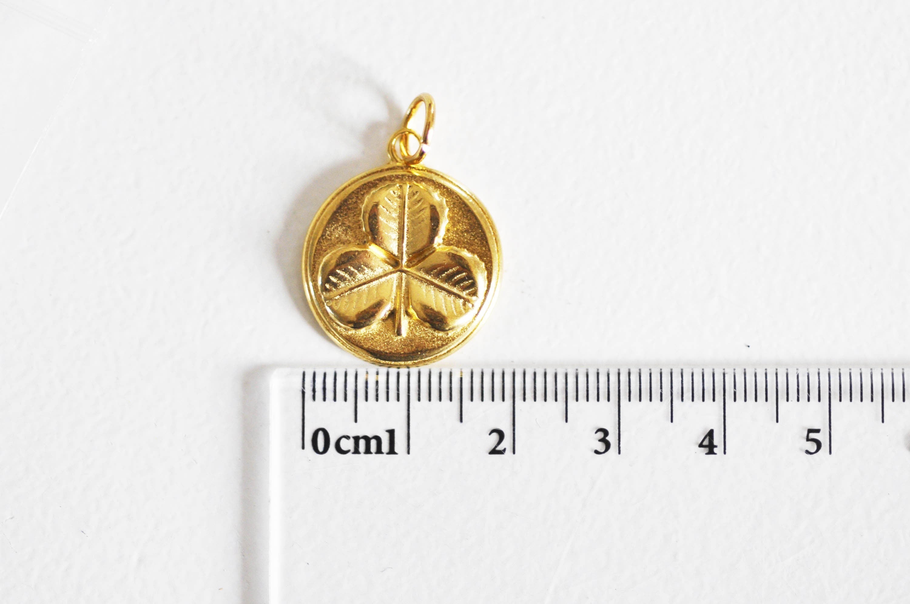EP-Pendentif médaille ronde trèfle acier inoxydable 304 doré 23mm, x1 -G0815