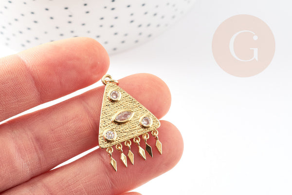 EP-Pendentif médaille triangle oeil laiton doré 18K avec papilles zircons 30mm, x1 G4655
