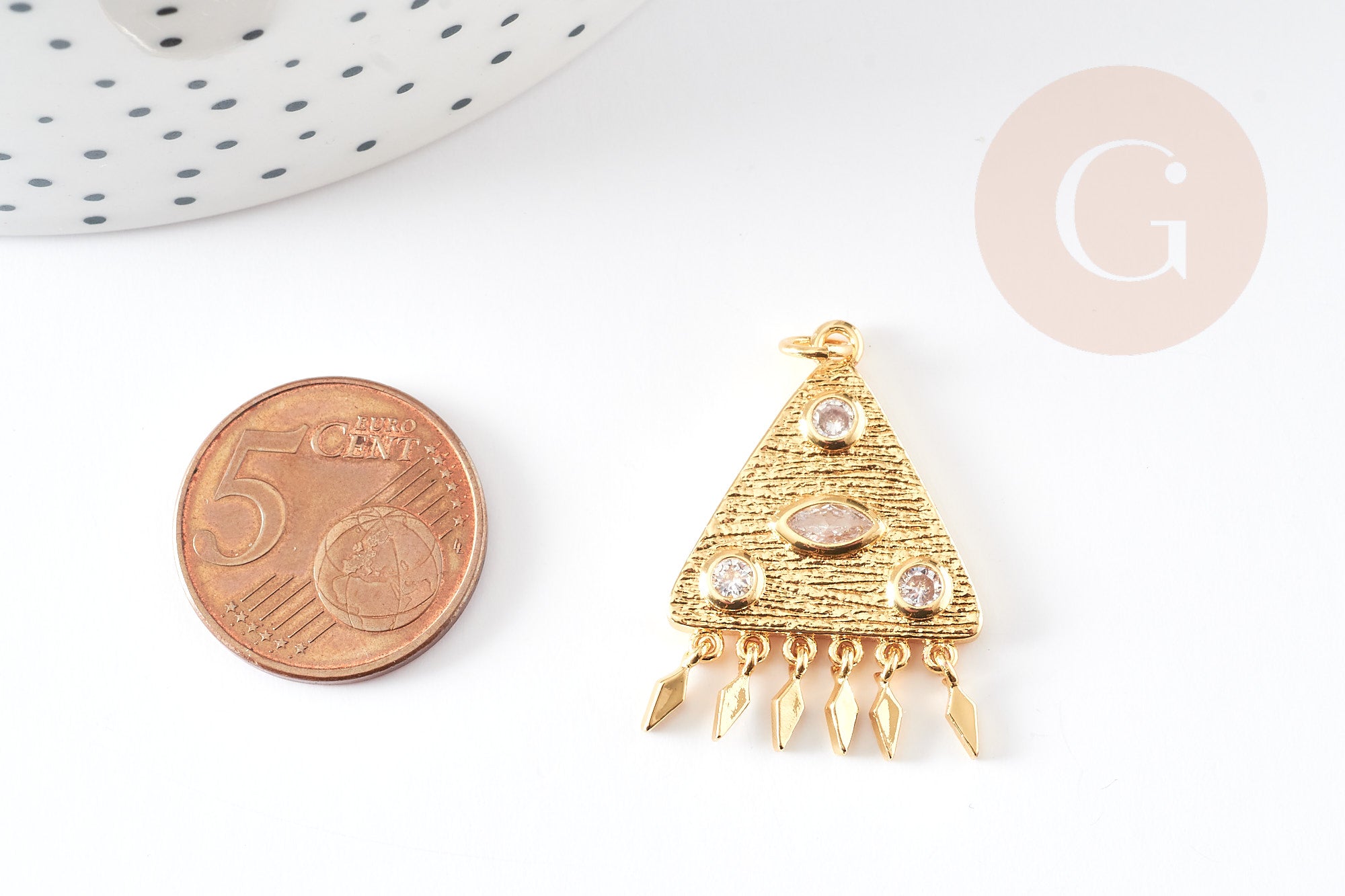 EP-Pendentif médaille triangle oeil laiton doré 18K avec papilles zircons 30mm, x1 G4655