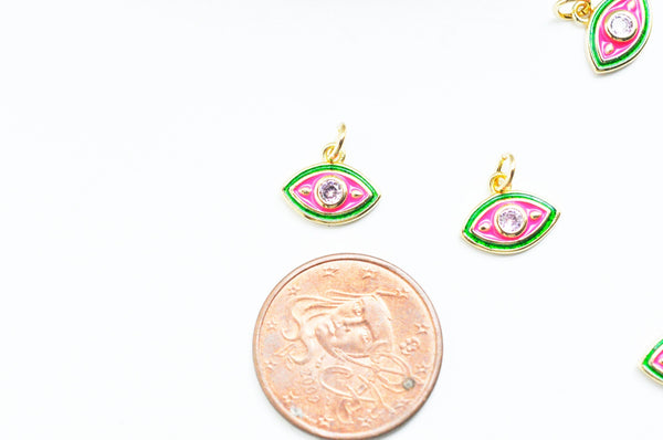 EP Pendentif petit oeil émail vert & rouge zircon doré 18K 13mm, x1 G5018