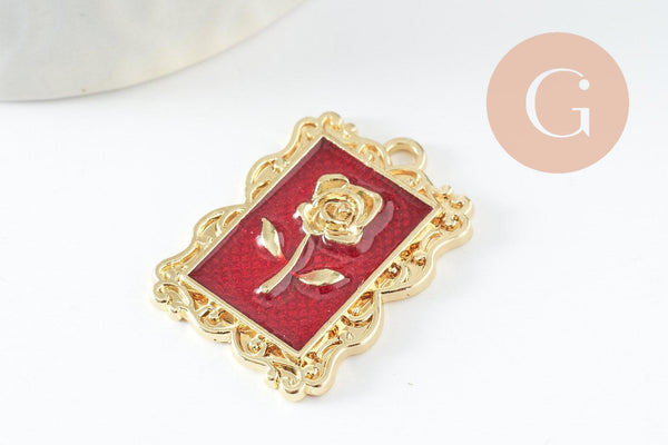 EP-Pendentif rectangle fleur rose émail rouge 27.5mm, x1 (G3713)