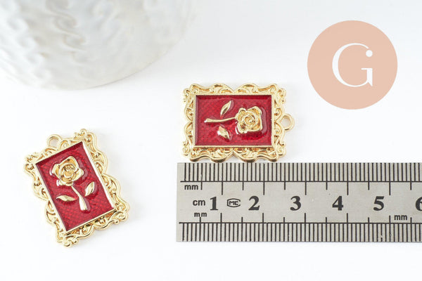 EP-Pendentif rectangle fleur rose émail rouge 27.5mm, x1 (G3713)