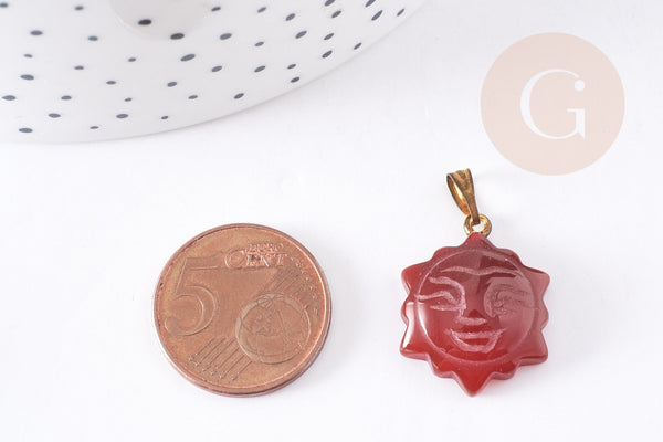 EP Pendentif soleil agate rouge support doré 23mm, pendentif pierre agate naturelle bordeau,création bijoux en pierre naturelle, x1, G5670