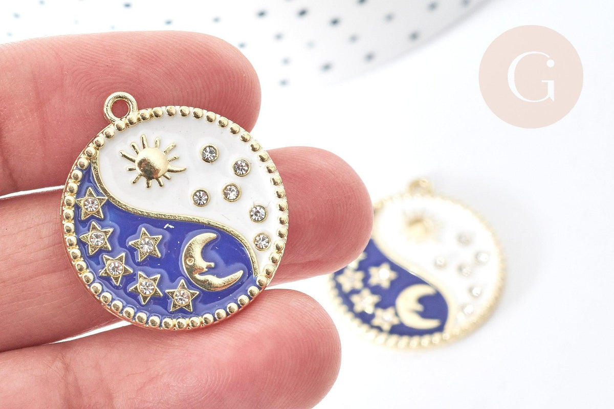 EP-Pendentif soleil lune étoiles bleu zamac doré zircon 27.7mm, x1 (G8088)