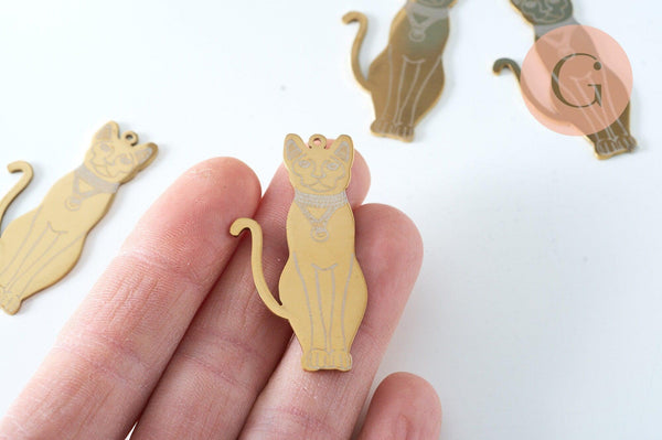 EP-Pendentifs chat égyptien acier doré inoxydable 48mm, x1 G6018