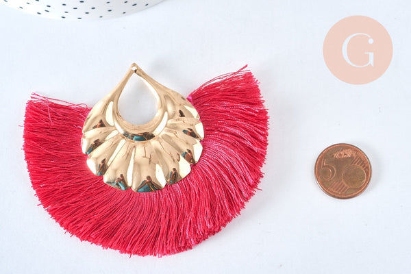 EP Pendentifs larges pompons fil fuchsia support doré 85-92mm x2 ( G6837)