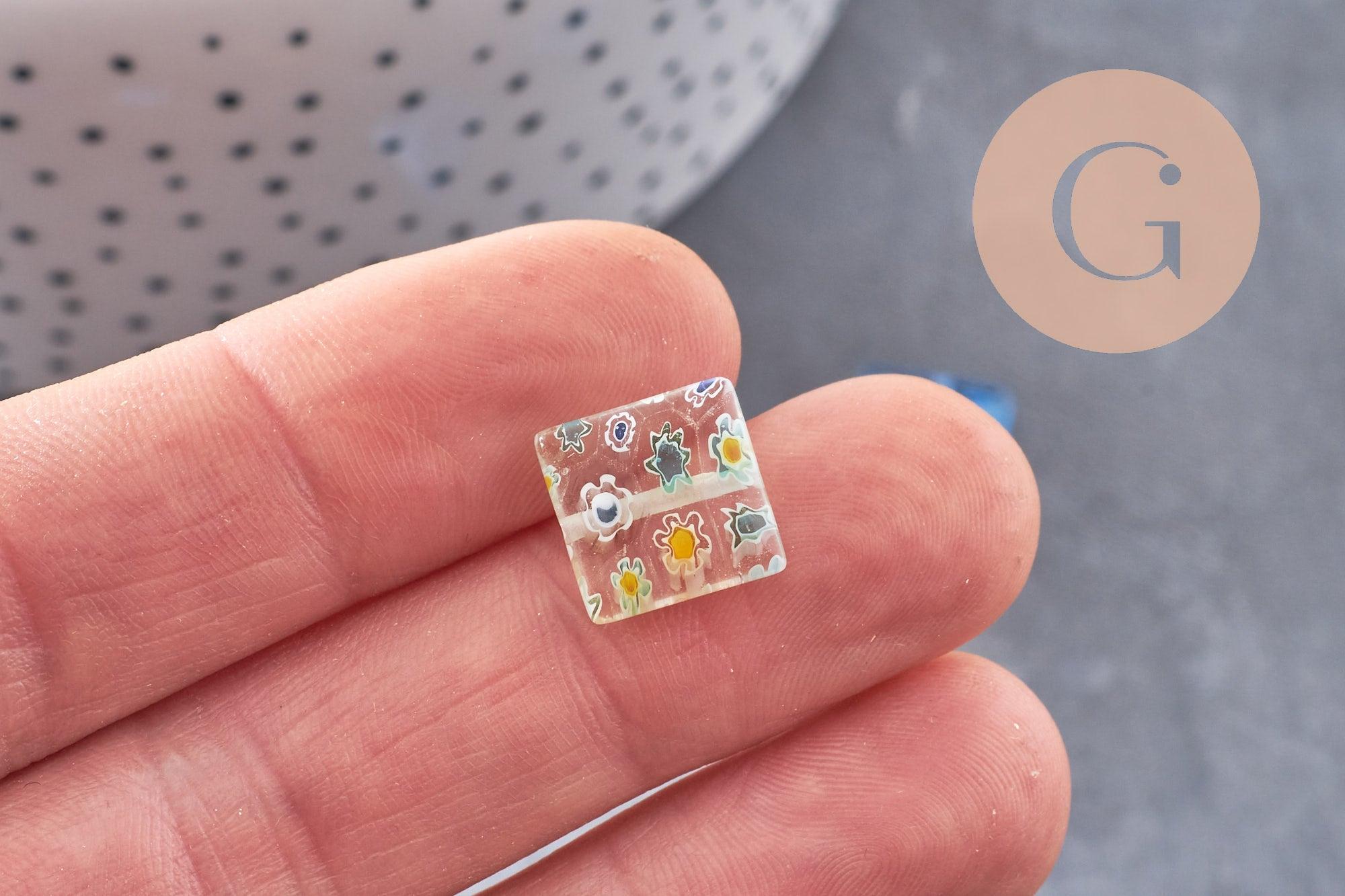 Perle carrée verre millefiori, perle verre,verre artisanal, perle bijou été,création bijoux 11mm, x5 (G5366)
