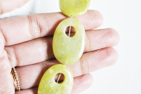 EP Perle ovale trouée jade jaune,pierre précieuse,pierre naturelle,jade jaune naturel,perle pierre roulée,bijou pierre,32mm, x1,G2623