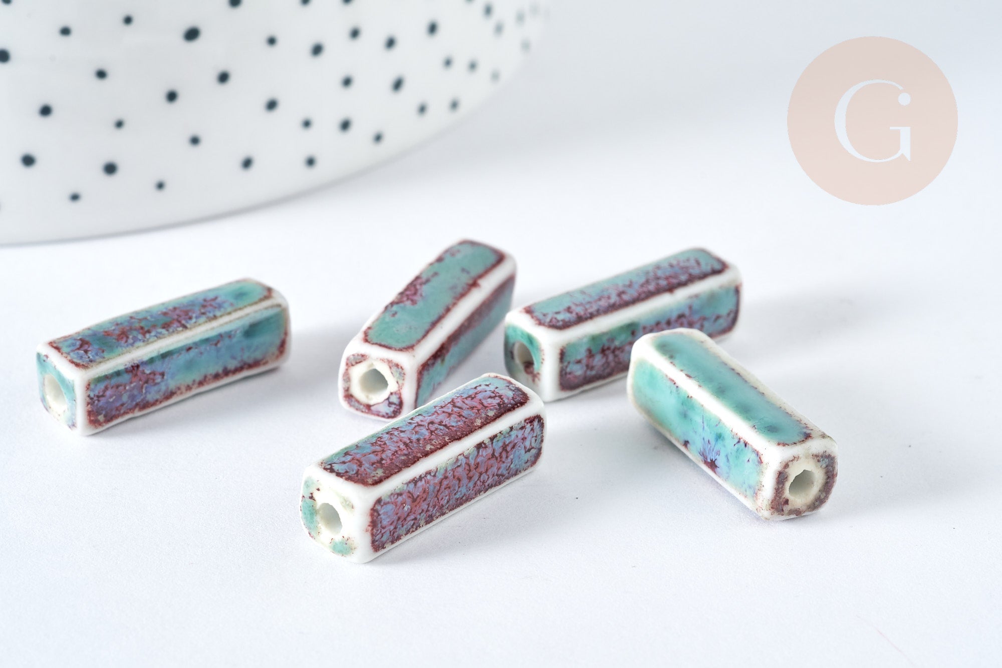 EP Perle porcelaine rectangle bleu clair 25~29mm,création bijoux céramique, x 5 G7480