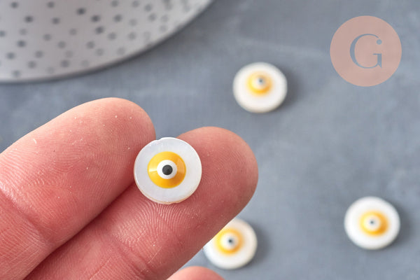 EP-Perle ronde nacre blanche mauvais oeil couleur jaune 12 mm, x10 G6819