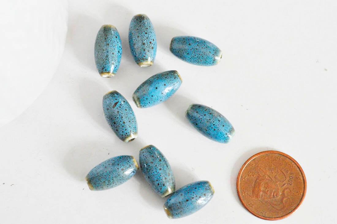 EP Perles ovales porcelaine bleue,perles céramique, porcelaine émaillée,perle ovales, création bijoux, 1.6cm, x5 G1948