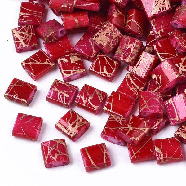 EP-Perles rocaille carré verre rectangle rouge, perle carré création bracelet, perle tila,4.5mm,2 trous, x 50 (4.8GR) (G5477)