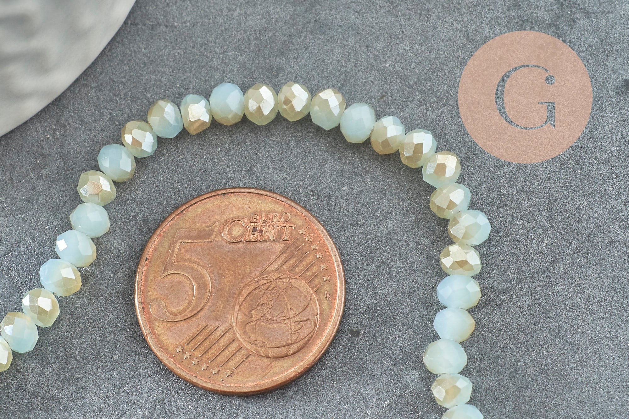 EP-Perles rondelles verre opaque facettées bleu pâle et doré 4x3mm, bijou fantaisie DIY, fil de 39cm, x1 G8264
