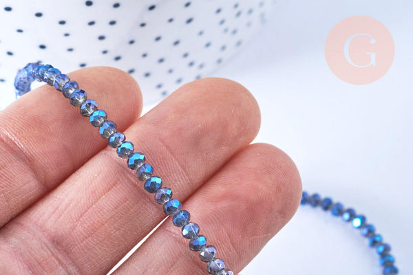 EP-Perles toupies cristal bleu irisé 3.5x2.5mm, perles bijoux, perle cristal,Perle verre facette,création bijoux, fil 25.4cm G6752