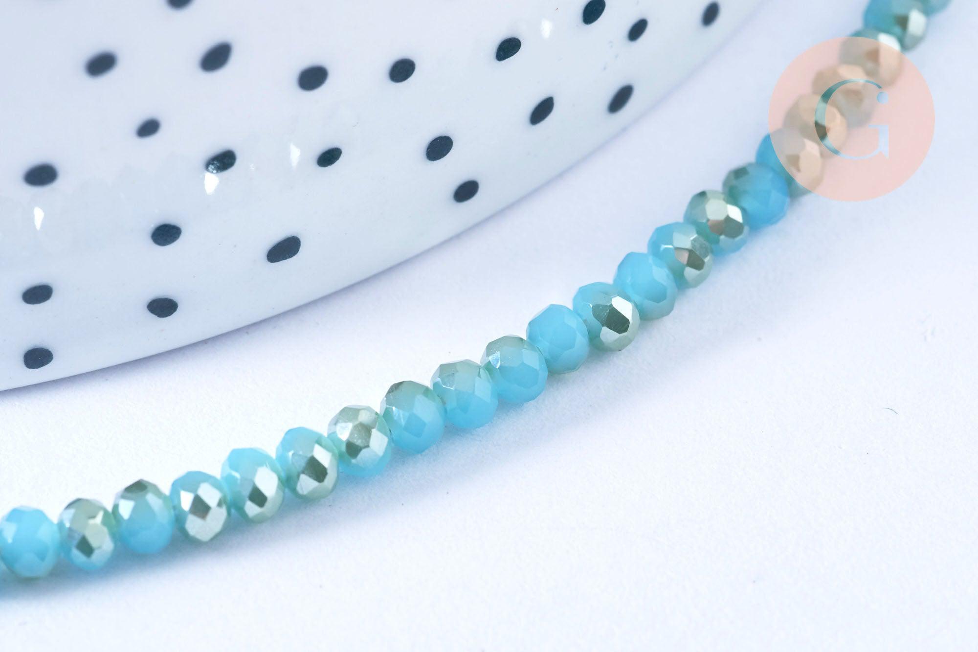 EP-Perles toupies cristal bleu turquoise irisé 3.5x2.5mm, perles bijoux, perle cristal,Perle verre facette,création bijoux, fil 25.4cm G6759