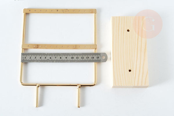 EP Présentoir à bijoux boucles d'oreilles laiton doré socle bois 20.7cm 2 rangées, x1 G8377