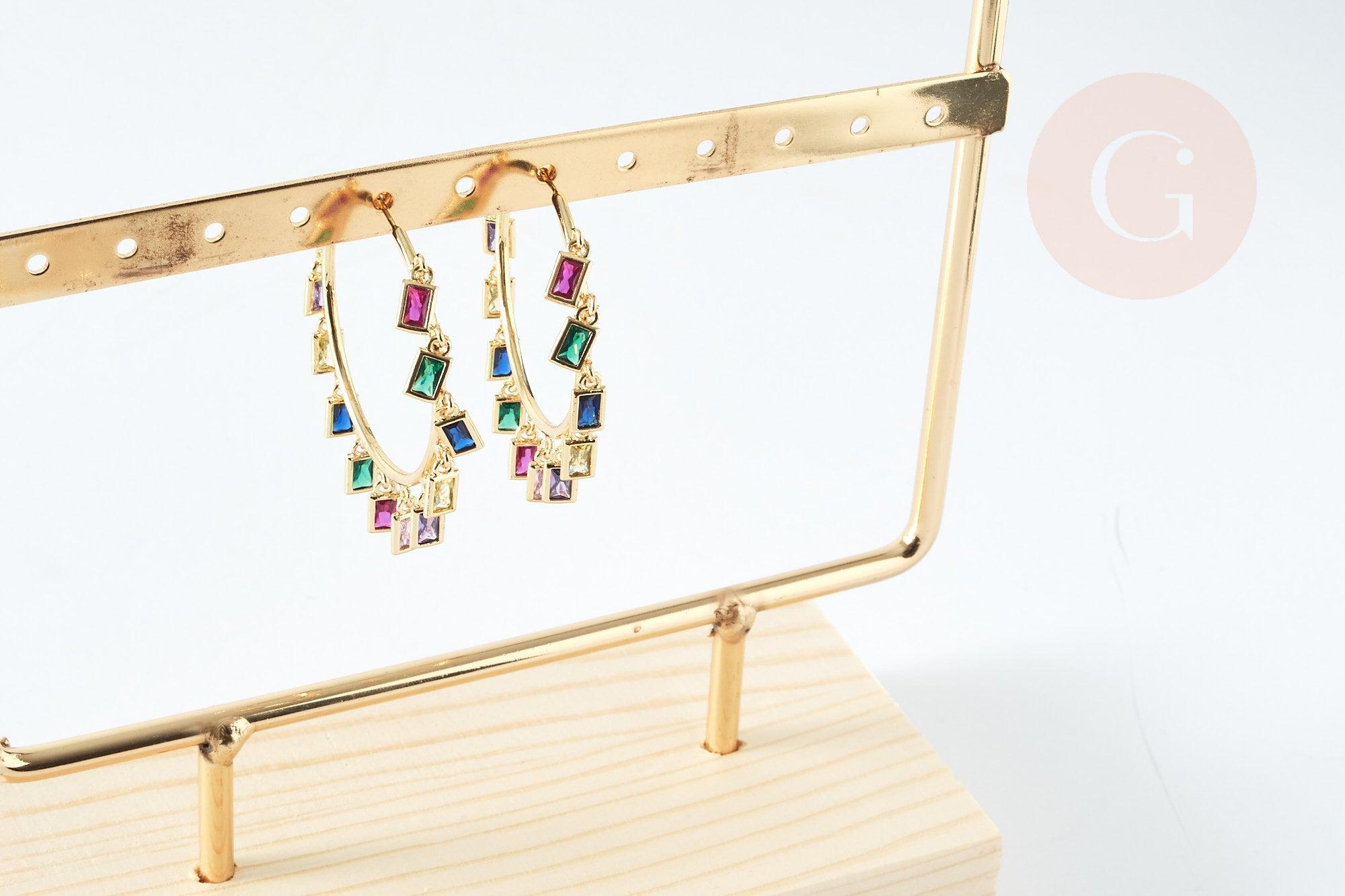 EP Présentoir à bijoux boucles d'oreilles laiton doré socle bois 20.7cm 2 rangées, x1 G8377