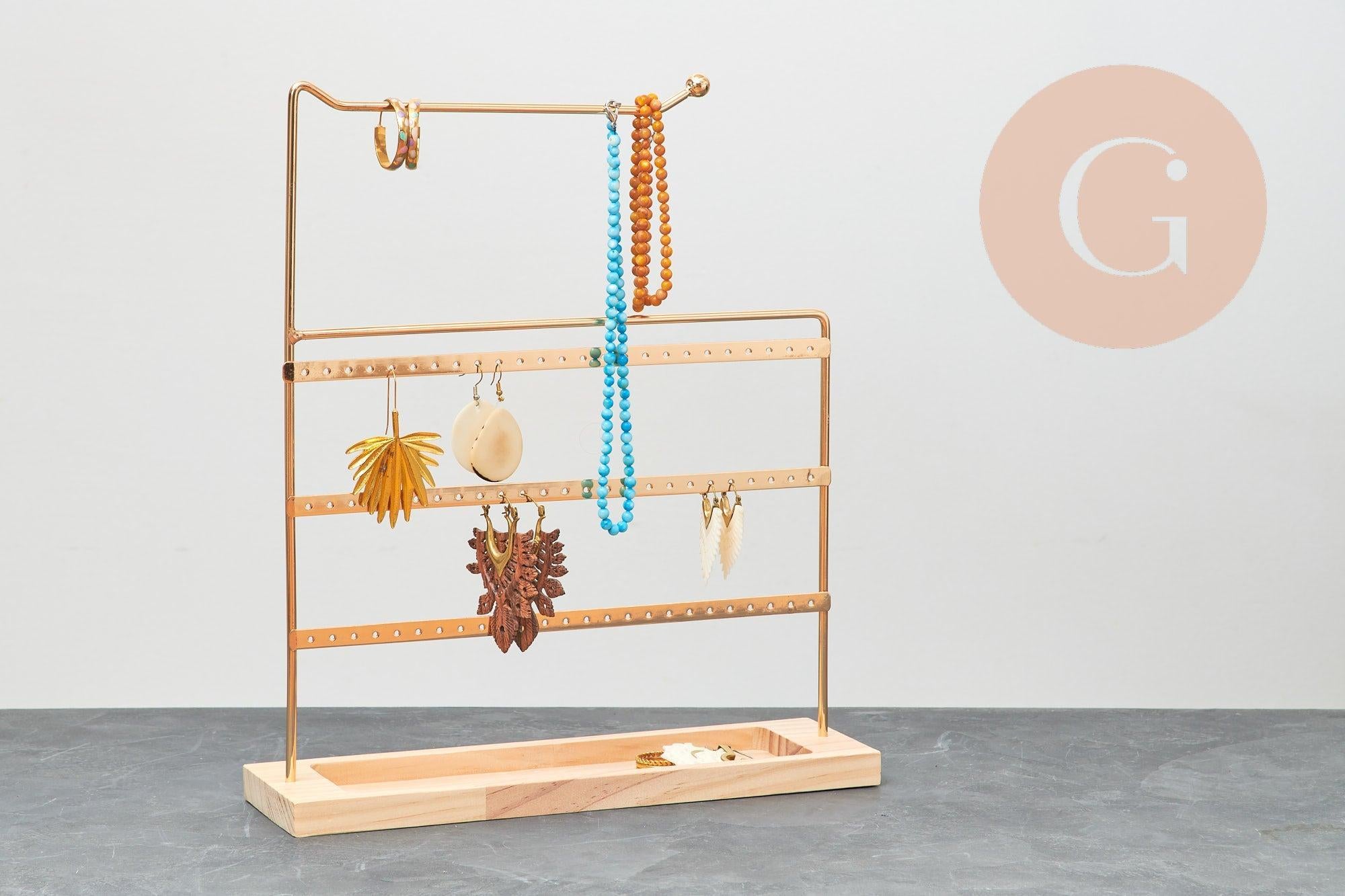 Présentoir à bijoux boucles d'oreilles laiton doré socle bois 30cm, x1 (G9451)