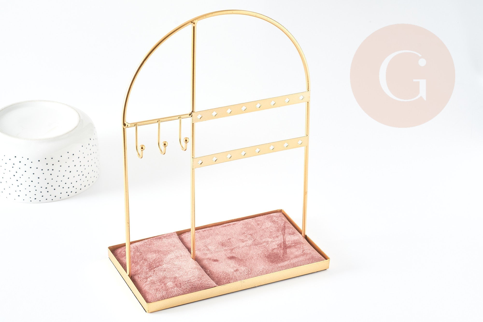 EP Présentoir à bijoux laiton doré velours vieux rose, présentoir pour rangement de bijoux, x1 G9136