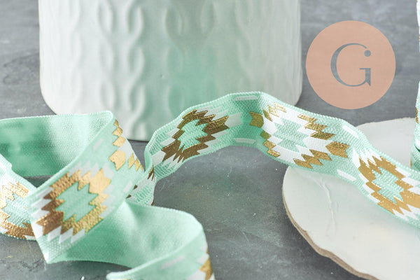 EP-Ruban élastique motif Aztèque vert or EFJF, fabrication bijoux,bracelet EVJF,ruban mariage,scrapbooking,16mm,1 mètre-G1850