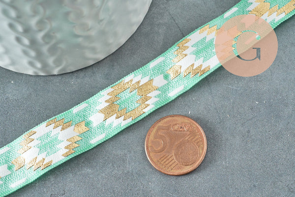 EP-Ruban élastique motif Aztèque vert or EFJF, fabrication bijoux,bracelet EVJF,ruban mariage,scrapbooking,16mm,1 mètre-G1850