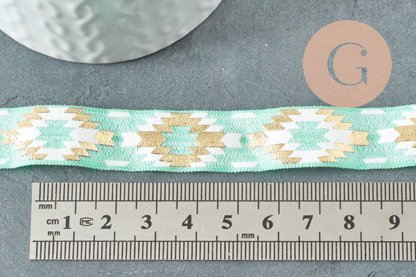 EP-Ruban élastique motif Aztèque vert or EFJF, fabrication bijoux,bracelet EVJF,ruban mariage,scrapbooking,16mm,1 mètre-G1850