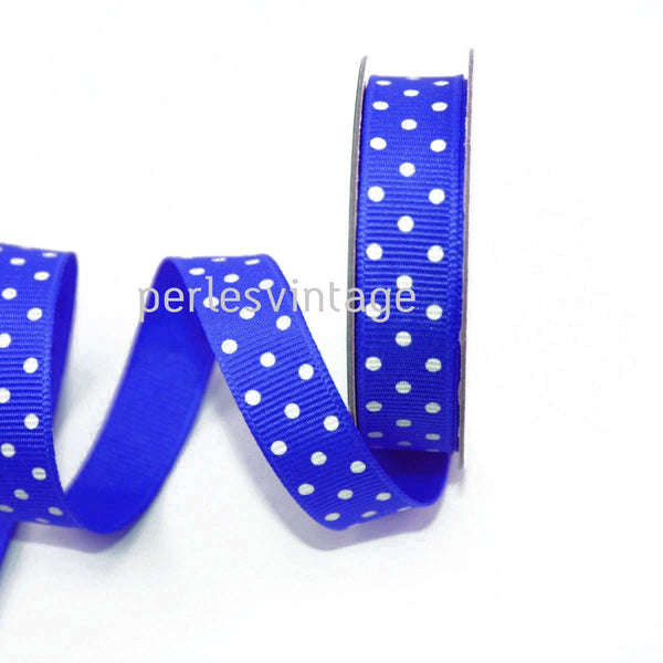 EP Ruban gros grain polka bleu roi, fabrication bijoux,ruban pois blancs,ruban mariage,fourniture créative, largeur 1cm, longueur 1 mètre-G2160