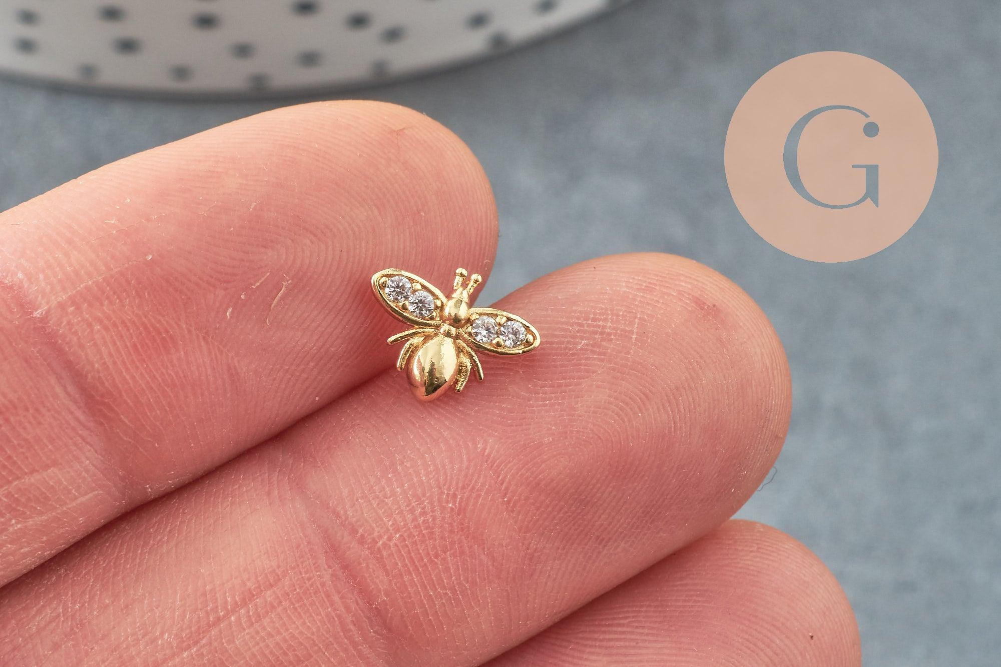 EP-cabochon abeille avec tige à coller laiton doré zircons 10mm, x1 (G10533)