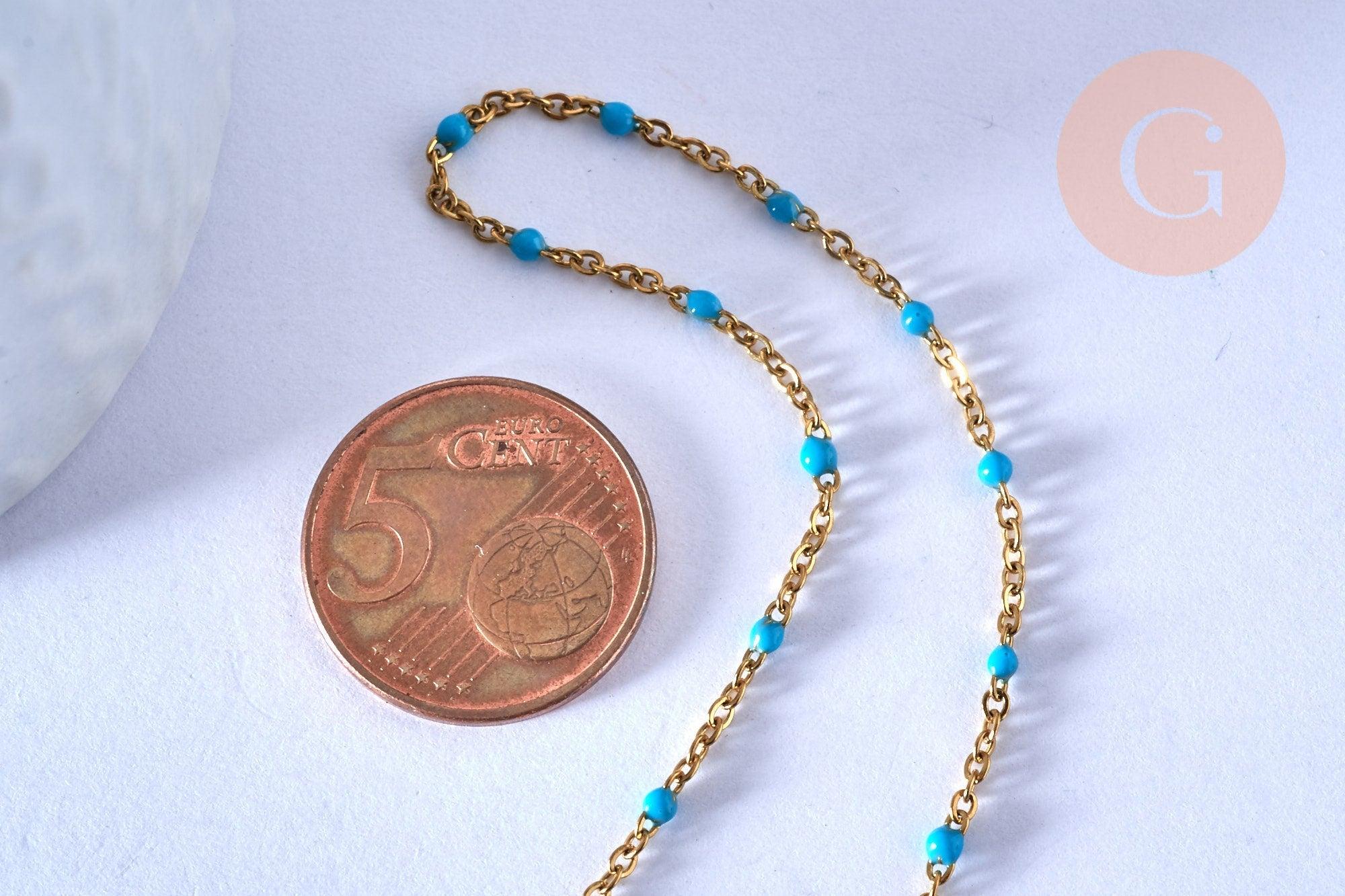 EP-chaine de cheville acier doré 14k résine bleu clair chaine dorée 1.5-2mm/23cm, x1 (G3660)