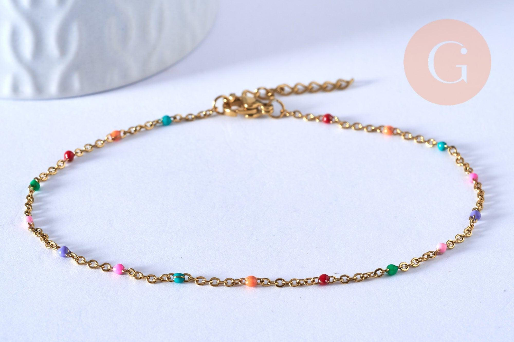 EP-chaine de cheville acier doré 14k résine multicolore chaine doree 1.5-2mm/23cm, x1 (G3662)