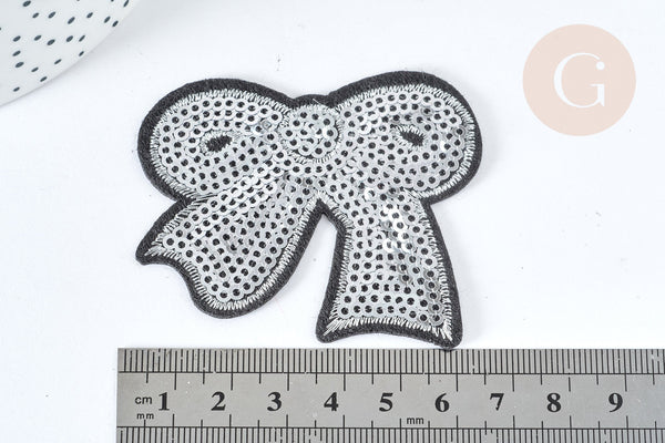 Ecusson brodé Noeud papillon thermocollant paillette argentée 64mm, customisation de vêtements, x2 G7463