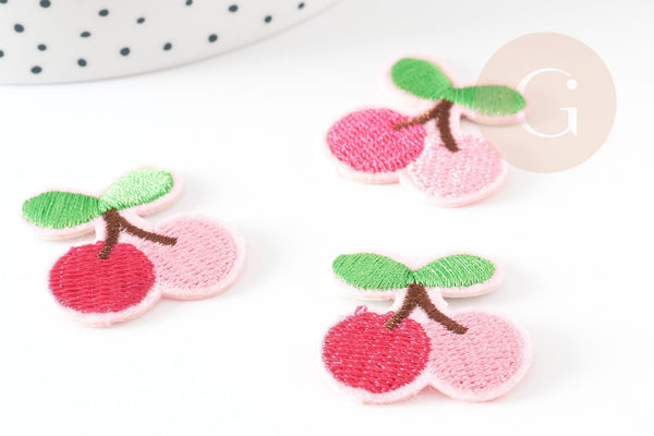 Ecusson brodé à repasser Cerise rouge sequins, customisation vêtement, écusson thermocollant fruit,patch brodé,32mm, x5 G2864