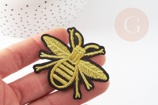 Ecusson brodé à repasser abeille dorée 63mm customisation vêtement, écusson thermocollant,patch brodé,écusson brodé x2 G3769