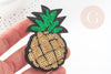 Ecusson brodé à repasser ananas jaune vert doré customisation vêtement, écusson thermocollant fruit,patch brodé,83mm, x1 G5078