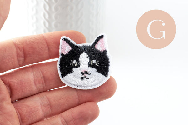 Ecusson brodé à repasser chat noir & blanc customisation vêtement 37mm, x1 (G9808)