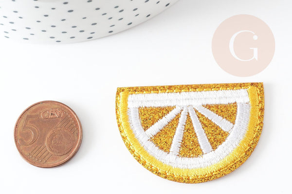 Ecusson brodé à repasser citron jaune doré customisation vêtement 46.5mm, écusson thermocollant fruit, x2 G2861