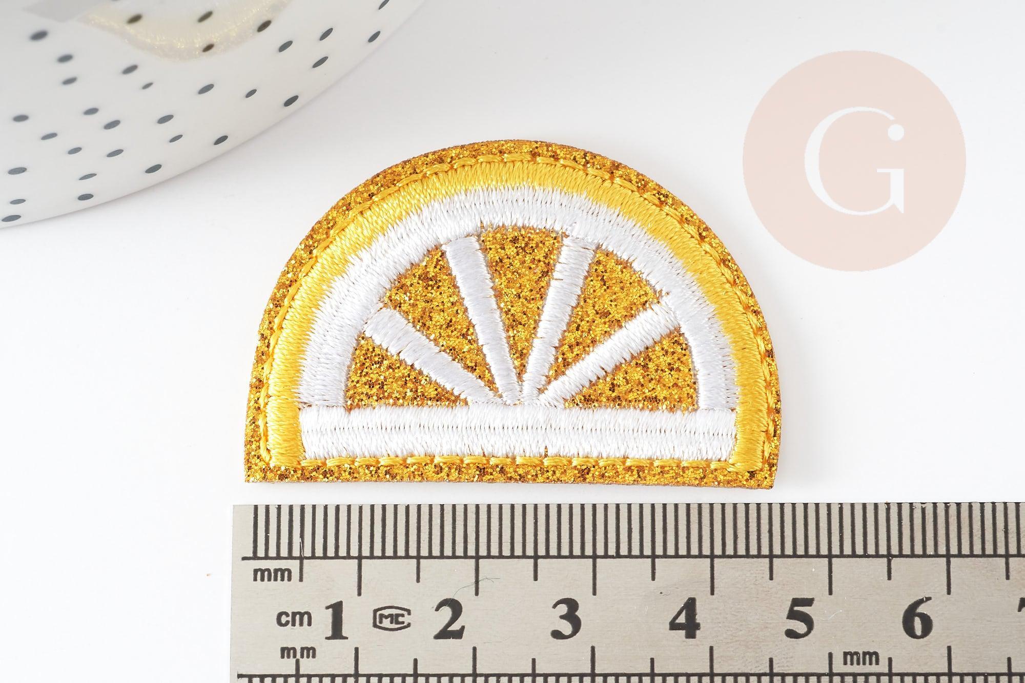 Ecusson brodé à repasser citron jaune doré customisation vêtement 46.5mm, écusson thermocollant fruit, x2 G2861