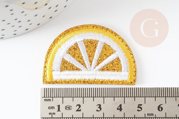 Ecusson brodé à repasser citron jaune doré customisation vêtement 46.5mm, écusson thermocollant fruit, x2 G2861