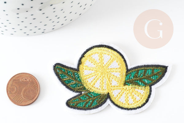Ecusson brodé à repasser citron jaune doré customisation vêtement, écusson thermocollant fruit, x2 G5080