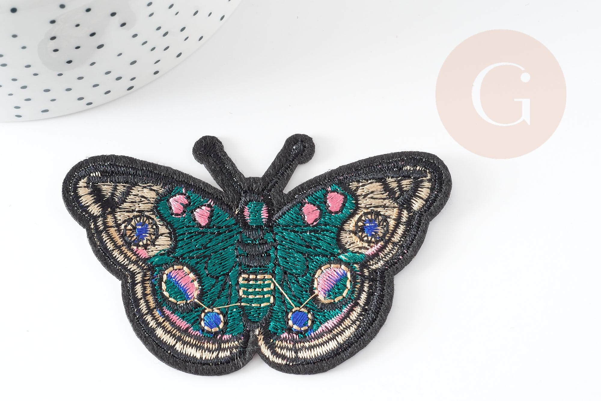 Ecusson brodé à repasser papillon vert 87mm, customisation vêtement, écusson thermocollant,patch écusson brodé, x1 G3263