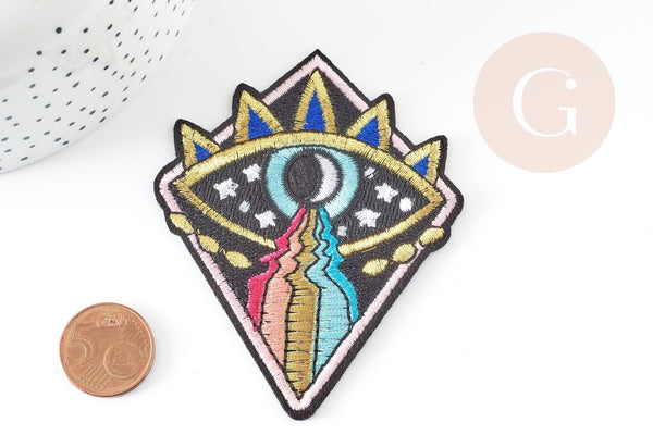 Ecusson brodé à repasser triangle oeil 86mm customisation vêtement, écusson thermocollant,patch écusson brodé, x1 G2847