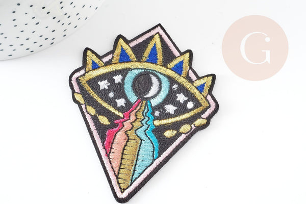 Ecusson brodé à repasser triangle oeil 86mm customisation vêtement, écusson thermocollant,patch écusson brodé, x1 G2847