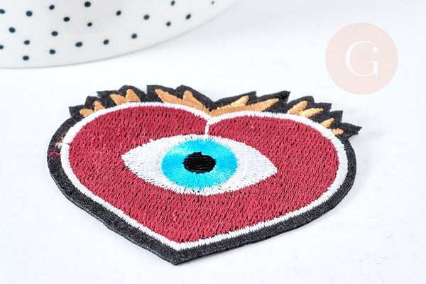 Ecusson coeur rouge brodé à repasser thermocollant 64mm, x1 (G8428)
