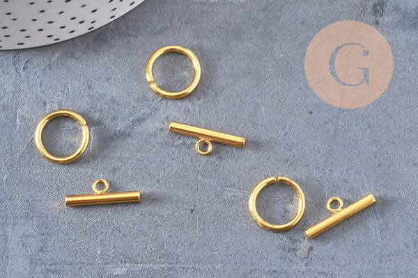 Fermoir T acier 304 inoxydable doré 15mm, x1 (G0805)